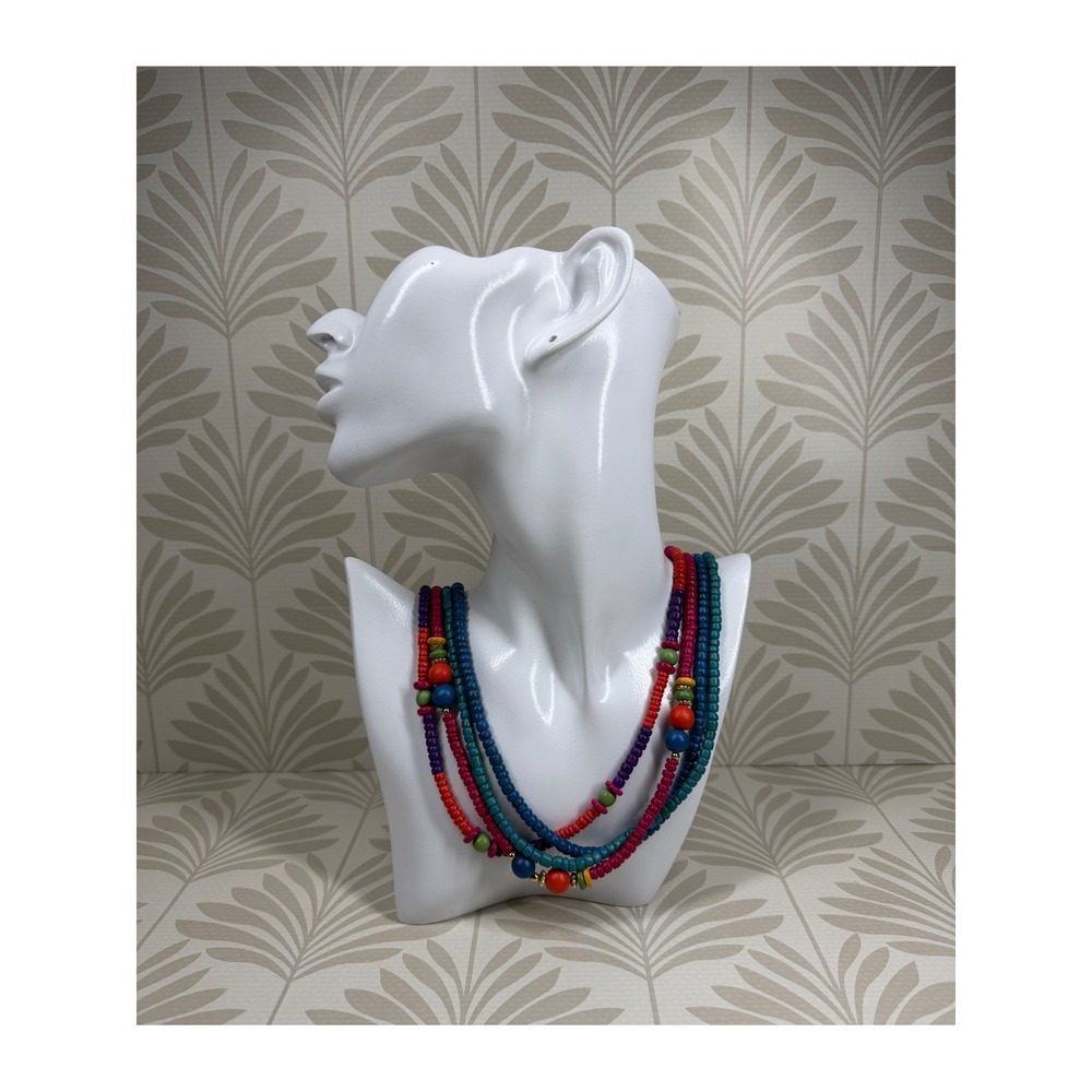 Multi Strand Colorful Wood Bead Necklace Boho Layered 25.5" Boho Festival 70s
